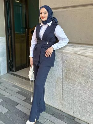 Keten Görünümlü Yelek Ve Pantolon Takım Lacivert Keten Görünümlü Yelek Ve Pantolon Takım Lacivert