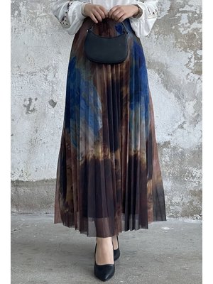 Mavi Batik Desen Astarlı Tül Etek