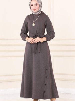 Kahve Düğme Detaylı Kışlık Elbise