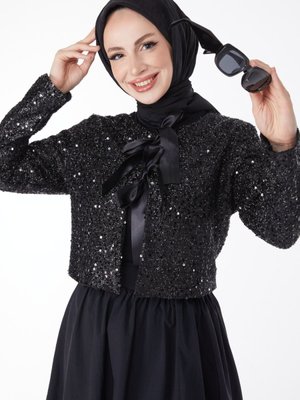 Düz Yaka Siyah Payetli Ceket + Etek İkili Takım