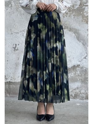 Fıstık Yeşili Batik Desen Astarlı Tül Etek