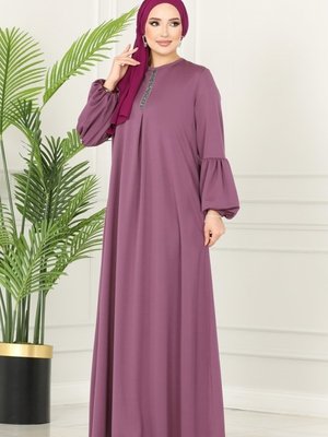 Koyu Lila Taş Detaylı Mira Elbise