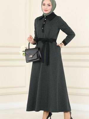 Kazayağı Haki & Siyah Yarım Düğmeli Kışlık Elbise