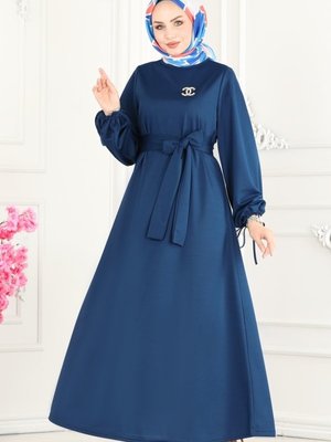 İndigo Manşeti Bağcıklı Elbise