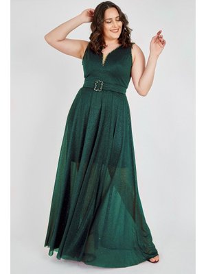 Büyük Beden Zümrüt Uzun Abiye Elbise