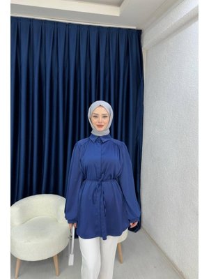 Lacivert Balon Kol Saten Gömlek Lacivert Balon Kol Saten Gömlek