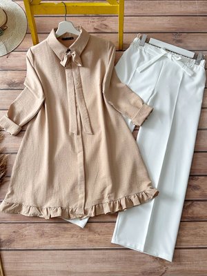 Kombin Kurdela Fırfır Detaylı Tunik Ve Pantolon Bej