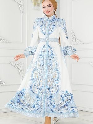 Ekru Yaka Desenli Atlas Gömlek Elbise Ekru Yaka Desenli Atlas Gömlek Elbise