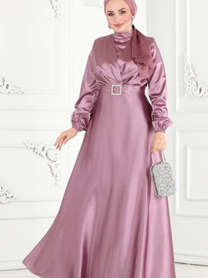 Gül Kurusu Kemerli Saten Abiye Elbise