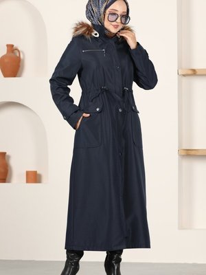 Lacivert İçi Kürklü Bondit Trençkot Lacivert İçi Kürklü Bondit Trençkot