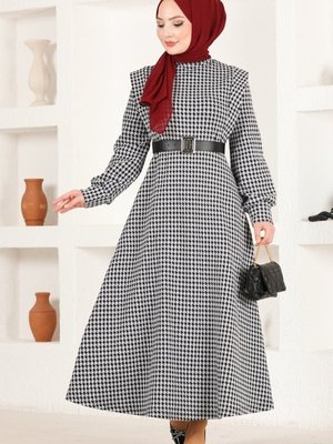Kazayağı Ekru & Siyah Deri Kemerli Kışlık Elbise