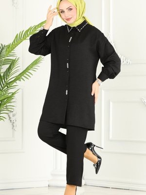 Siyah Taş İşlemeli Keten Aerobin Takım