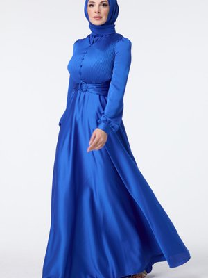 Saks Balon Kol Önü Düğmeli Volanlı Şifon Abiye Elbise