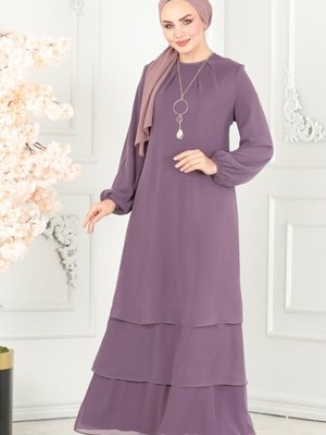 Lila Kolyeli Şifon Elbise