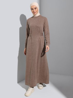 Koyu Vizon Belden Bağlama Detaylı Elbise