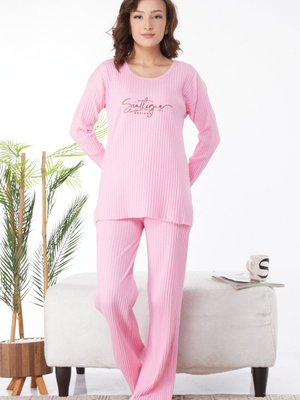 Pembe Bisiklet Yaka Baskılı Uzun Kollu Pijama Takımı