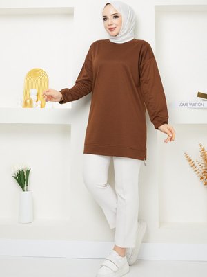 Kahverengi Fermuar Detaylı Sweatshirt