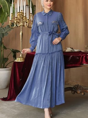 Mavi Aksesuar Cepli Işıltılı Saten Abiye