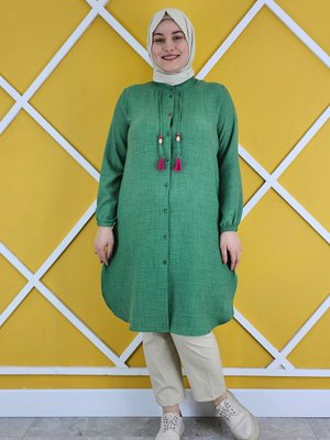 Kadın Düğme Ve Püskül Detaylı Keten Tesettür Gömlek