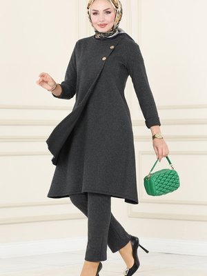 Antrasit Aksuesuar Düğmeli Kışlık Takım