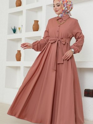 Somon Kuşaklı Terikoton Elbise Somon Kuşaklı Terikoton Elbise