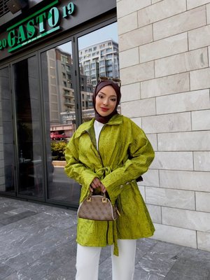 Yeşil Fermuarlı Jakar Ceket