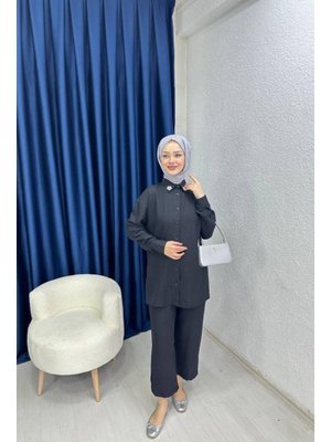 Siyah Yakası Taş Detaylı Keten İkili Takım