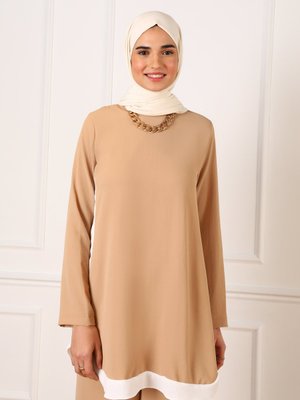 Bej Aerobin Şerit Detaylı Şık Tunik & Pantolon İkili Takım