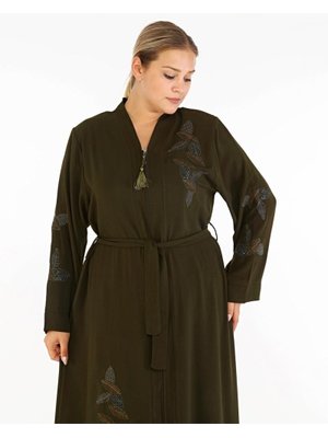 Haki Yaprak Desenli Taşlı Nakışlı Abaya