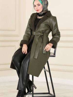 Haki Kürklü Deri Kaban Haki Kürklü Deri Kaban