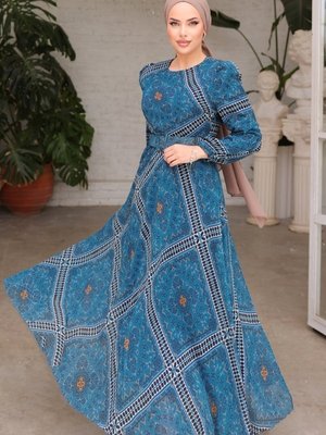 Petrol Kaplama Kemerli Şifon Elbise