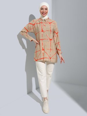 Oranj Hera Kumaşı Kendinden Detaylı Gömlek Oranj Hera Kumaşı Kendinden Detaylı Gömlek