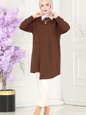 Kahve Düğme Detaylı Tunik