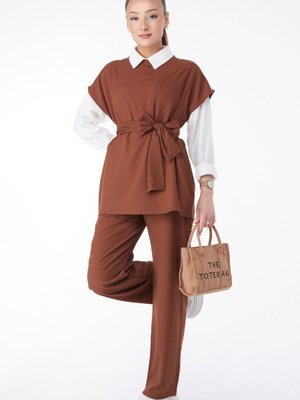 Kahve Bisiklet Yaka Kısa Kollu İkili Takım