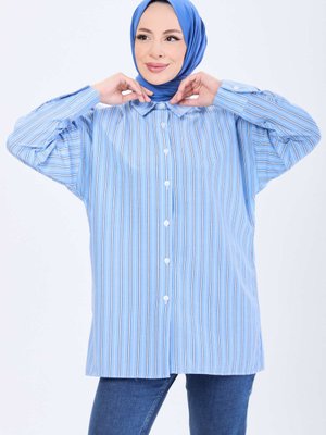 Mavı Oversize Çizgili Gömlek