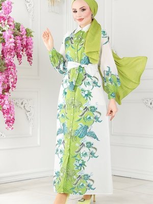 Yeşil Kemerli Poplin Elbise