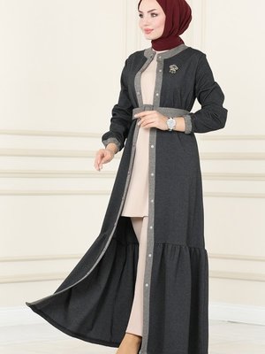 Antrasit Eteği Fırfırlı Kışlık Elbise & Ferace Antrasit Eteği Fırfırlı Kışlık Elbise & Ferace