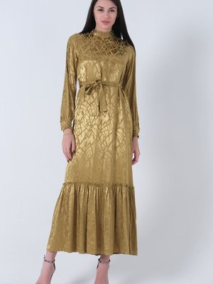 Fıstık Yakası Ve Kolları Taşlı Kuşaklı Abiye Elbise Fıstık Yakası Ve Kolları Taşlı Kuşaklı Abiye Elbise