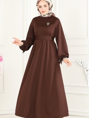 Kahve Manşeti Bağcıklı Elbise