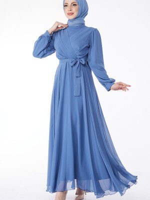 Indıgo Kruvaze Yaka Kuşaklı Abiye Elbise