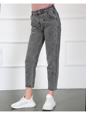 Paçası Pensli Kot Pantolon Gri
