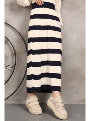 Lacivert Bel Lastikli Çizgili Triko Etek