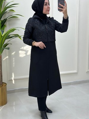 Kapüşonlu Taş Detaylı Trench Kap Siyah Mlh Kapşonu Sabitir