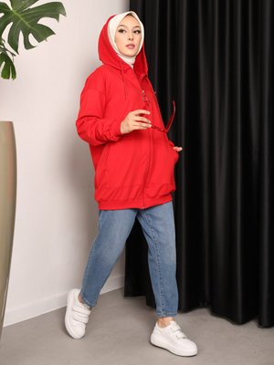 Kırmızı Kanguru Cepli Fermuarlı Hırka Kırmızı Kanguru Cepli Fermuarlı Hırka