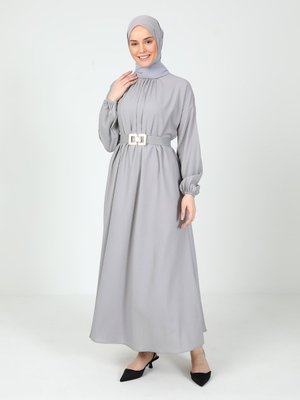 Gri Kemer Detaylı Elbise