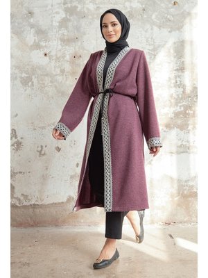 Mürdüm Bağcıklı Triko Kimono