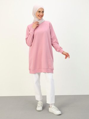 Pamuklu Bisiklet Yaka Sweatshirt Kirli Pembe