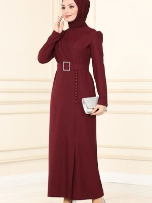 Bordo Aksesuar Düğmeli Krep Elbise Bordo Aksesuar Düğmeli Krep Elbise