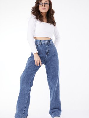 Düz Orta Mavi Kar Yikama Kesik Paça Palazzo Kot Pantolon