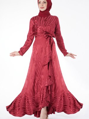 Düz Bisiklet Yaka Bordo Varaklı Abiye Elbise Düz Bisiklet Yaka Bordo Varaklı Abiye Elbise